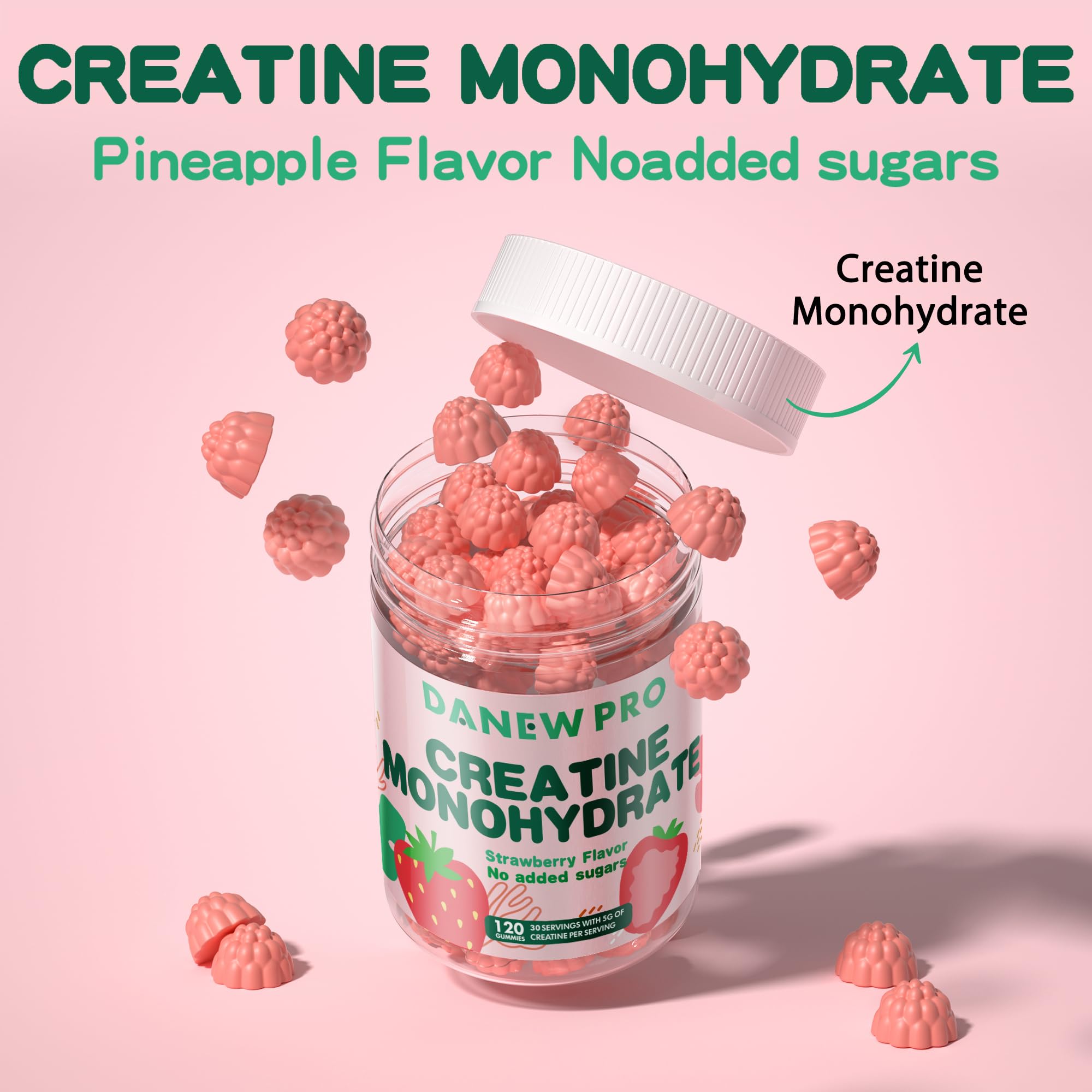 DANEW Pro Creatine Monohydrate Gummies for Men & Women, Creatine Monohydrate for Muscle Strength, Muscle Builder, Energy Boost, Pre-Workout Supplement(120 Count)-Strawberry Flavor