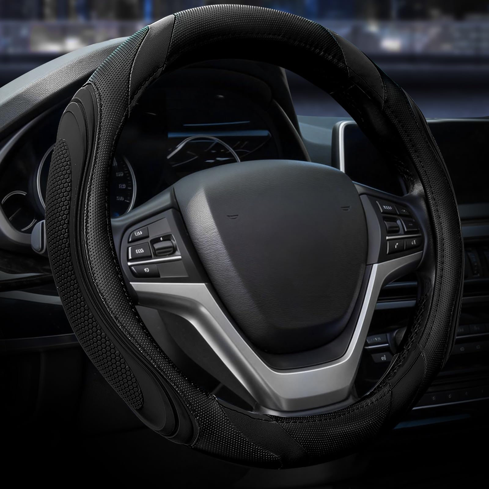 Car Steering Wheel Cover - Sportage Leather Steering Wheel Cover Universal Size M 37-38cm /14.5-15inch, Anti-slip, Breathable, Black