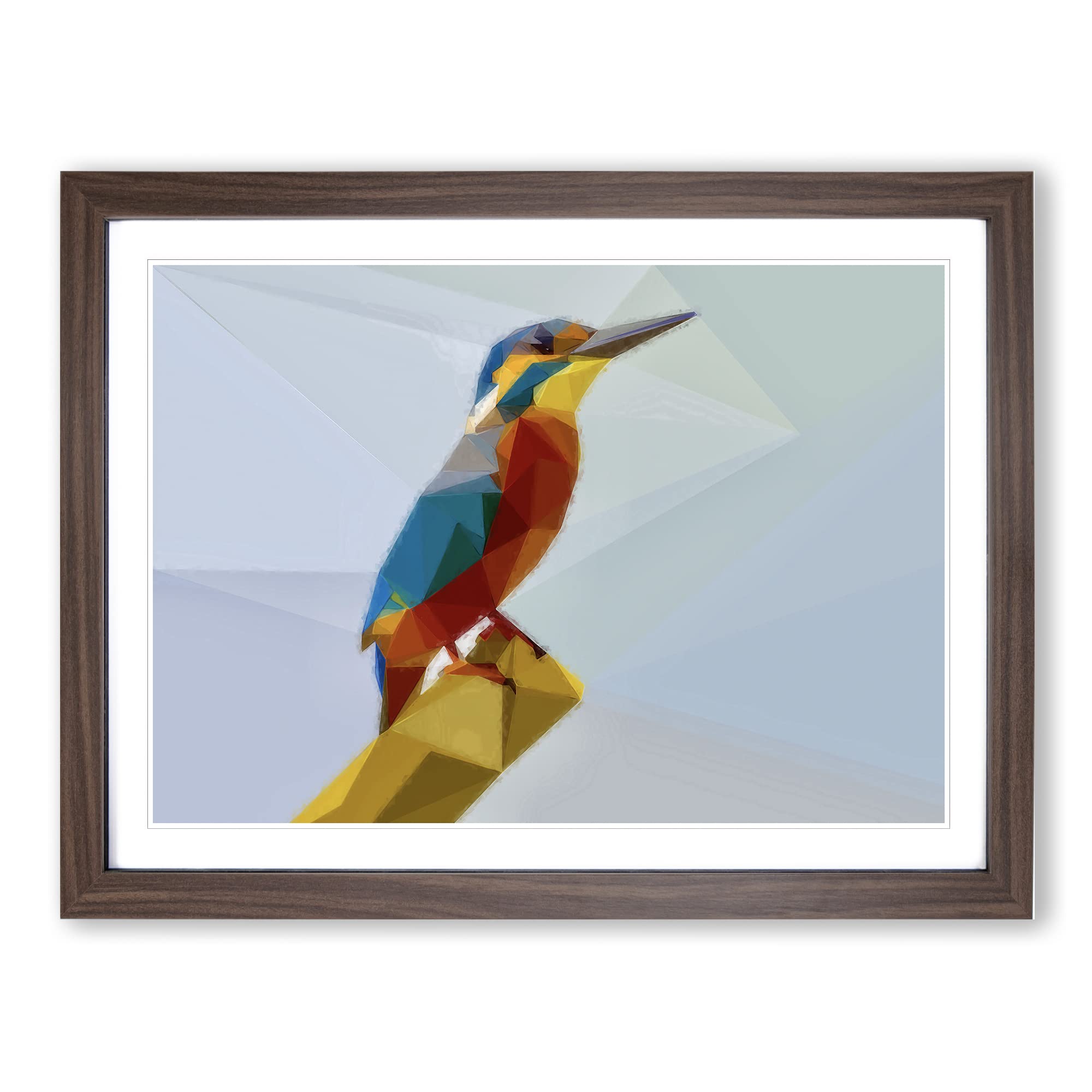 Geometric Kingfisher Bird In Abstract Modern Art Framed Wall Art Print, Ready to Hang Picture for Living Room Bedroom Home Office Décor, Walnut A4 (34 x 25 cm)