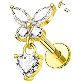 Jewseen 16G Dangle Helix Piercing Jewelry Internally Thread Cartilage Earring Stud 316L Surgical Steel Flat Back Conch Piercing Jewelry Butterfly Vertical Labret Stud for Women