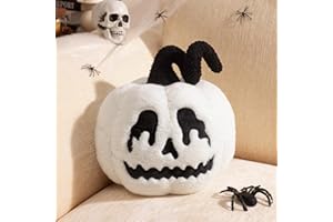 ASHLER HOME DECO Ashler Halloween Pumpkin Pillows, Ghost Pumpkin Throw Pillows, Halloween Decorative 3D Pumpkin Shaped Faux Rabbit Fur Pillow, Ultra Soft Fluffy Jack-O-Lantern Pumpkin Cushion, White, 9 x 11 inches