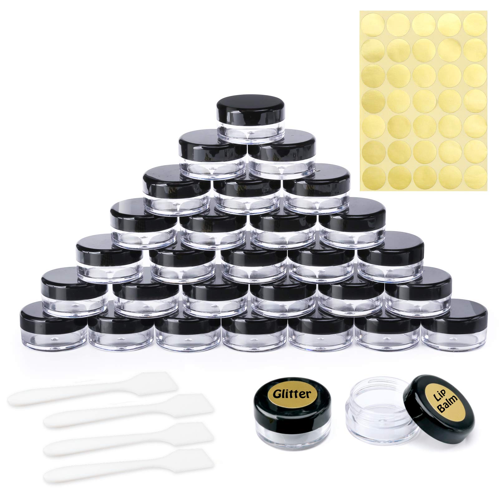 30 Pcs Empty Sample Pots 5g / 5ml Plastic Travel Cosmetic Container Jars with Lids for Creams, Sample, Make-Up Storage (Black)
