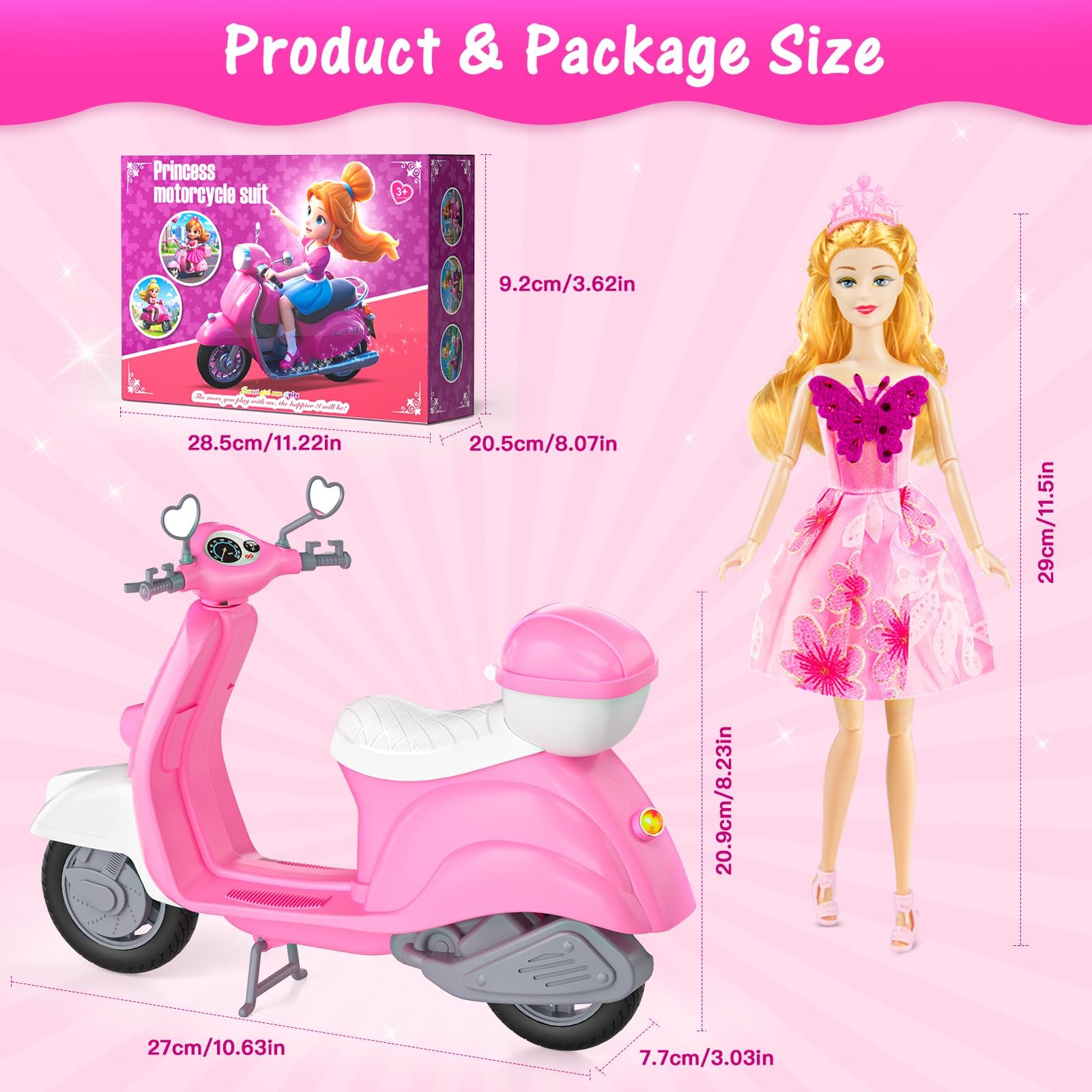 Glisiol 67Pcs Doll Clothes and Accessories with Doll, Motorcycle Scooter Set, Skiing Kit, Pet Set, 10 Shoes, 6 Outfits (Dress/Pants/Casual), Doll Playset Dress Up Toys for Girls Kids Toy Gifts