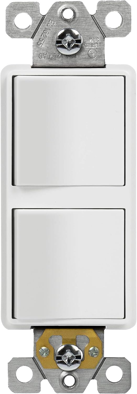 ENERLITES Double Paddle Rocker Decorator Switch, Ground terminal, Clamp-Type Back Insert Wiring, Copper Wires Only, Single Pole, Residential Grade, 15A 120-277VAC, 62834-W-N, White (New Model) - - 
