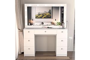 Boahaus Yara Bedroom Makeup Vanity Desk with Mirror and Lights, 7 Drawers, Glass Top, USB Port, Basic Knobs, White Big Vanity Makeup Desk for Women - New Built-in Lights Version