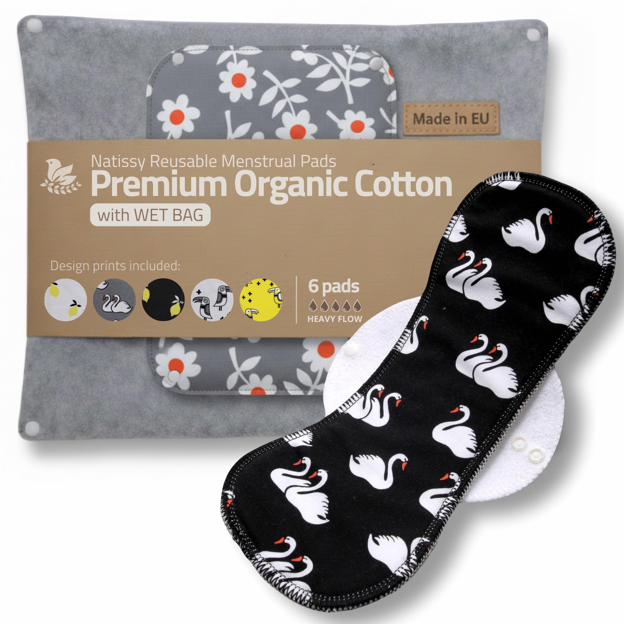 Made in EU – Reusable Sanitary Pads for Heavy Flow (6 Pack, L & XL) – High-Temp Washable, Extra-Absorbent Cloth Period Pads for Women – Ultra Soft Organic Cotton, Reliable Fit & Leak Proof Comfort