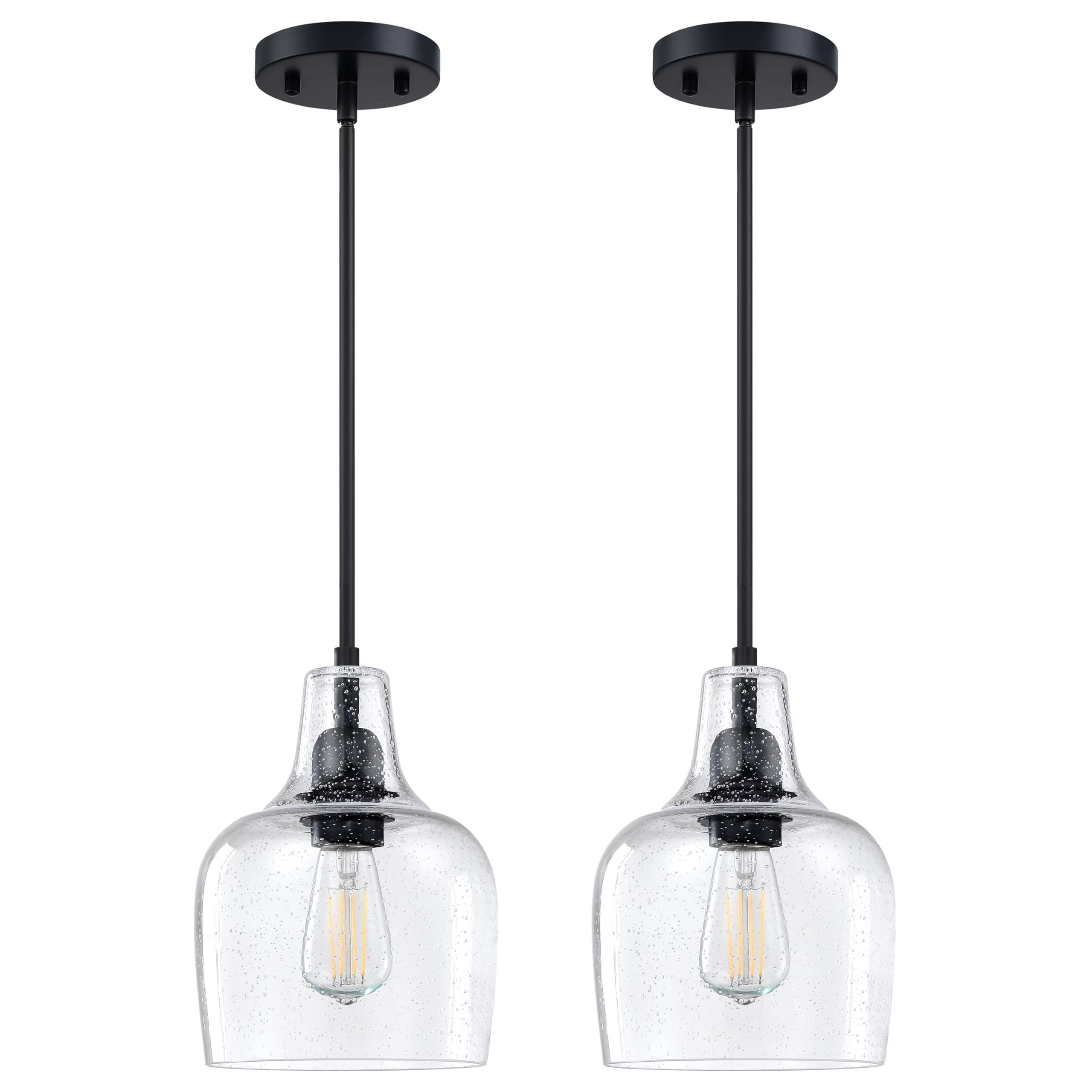 Photo 1 of 2 Pack 1 Light Indoor Kitchen Island Pendant Ceiling Light 6.11" Clear Seeded Glass Shade Fixture,Adjustable Rod Black Finish for Bar,Dining Room,Over Sink Bedside