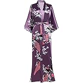 BABEYOND Women's Kimono Robe Long Satin Robes with Peacock and Blossoms Printed Kimono Nightgown