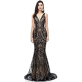 NGBUY Elegant Mermaid V-Neck Prom Gown Sequin Evening Party Dress Formal Maxi Dress for Women