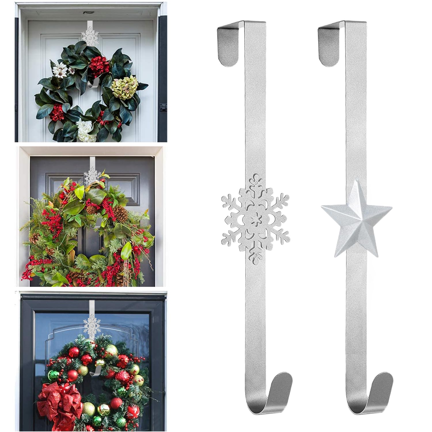 Hutato 2Pcs Christmas Wreath Hanger for Front Door, 15in Large Metal Wreath Reef Door Hanger Hook Decor Hook for Xmas Party Decor Door Wall Home Office(White)