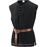 Lainvenor Mens Renaissance Shirts Sleeveless Cotton Lace up Shirts for Pirate Viking Medieval Cosplay Costume Without Belt