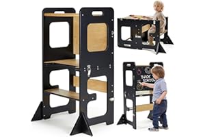Toddler Kitchen Tower, Learning Standing Tower, 2-in-1 Kitchen Black Wooden Stool Helper with Chalkboard Montessori and Waldo