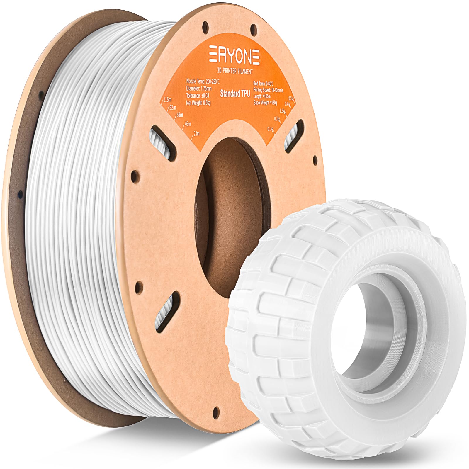 ERYONE TPU Filament 1.75mm, 3D Drucker Filament TPU 0.5kg 1 Spool, -0.05mm, 95A, White