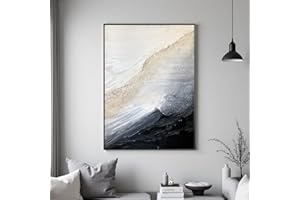 MINGDIAN ART Hand Painted White and Black Seascape Oil Painting For Living Room, Large Framed Abstract Office Wall Art,3D Textured Modern Artwork for Bedroom Home Decoration 28x40 inches