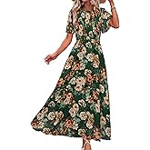 Simplee Womens Summer Floral Summer Maxi Dresses Boho Flowy Flutter Short Sleeve Crew Neck Vacation Smocked Chiffon Dress