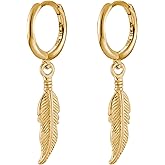 KaFu Surgical Stainless Steel Huggie Hinged Hoop Earrings Punk Hip Hop Cool Goth Black Silver Feather Drop Dangle Earrings for Men Women