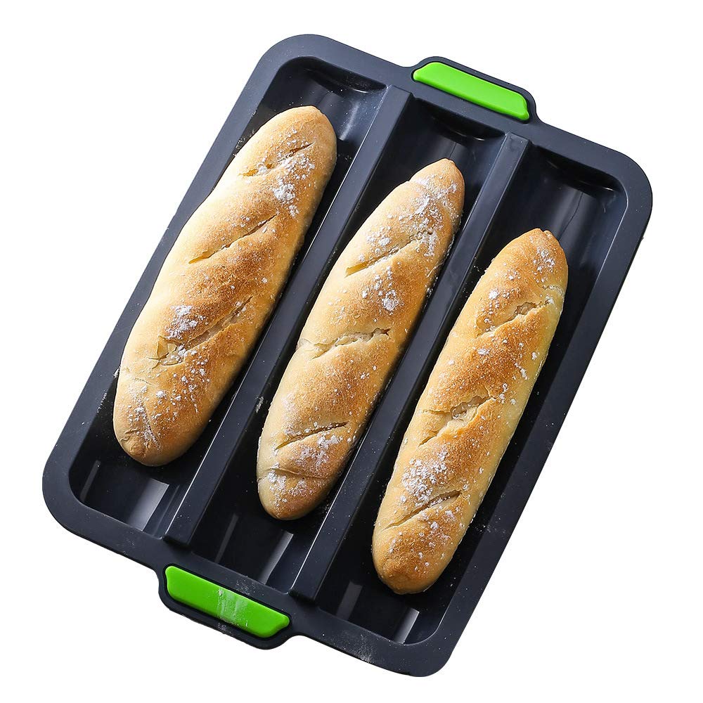 iPstyle Silicone Baguette Pan Non-stick French Bread Baking Mould, 3 Wave Loaves Loaf Bake Mold Toast Cooking Bakers Roll Pan Sandwich Mold French Baguette Bread(Grey A)