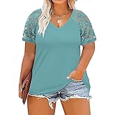 DOLNINE Plus-Size-Tops for Women Summer V Neck Casual Shirts Lace Short Sleeve Tees