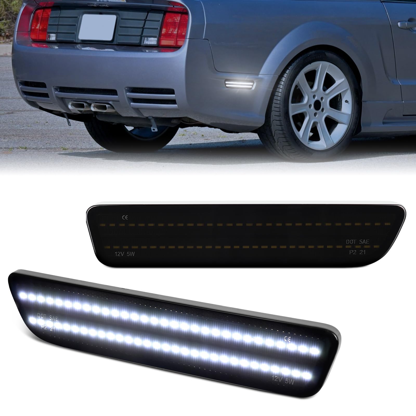 Photo 1 of Dual Rows White LED Side Marker Lights for Ford Mustang 2005-2009 Rear Bumper Fender Marker Reflectors, 2PCS Smoked Lens