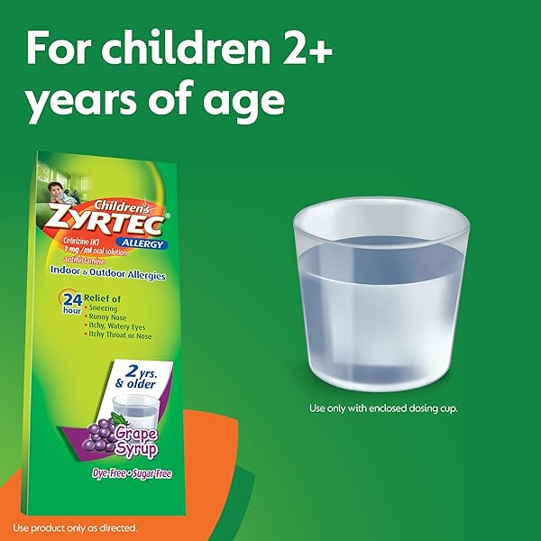 ZYRTEC CHILDREN’S 24 HOUR ALLERGY RELIEF SYRUP, 5 MG CETIRIZINE HCL ANTIHISTAMINE, KIDS ALLERGY MEDICINE FOR INDOOR & OUTDOOR ALLERGY RELIEF, DYE-FREE & SUGAR-FREE, GRAPE, 8 FL. OZ