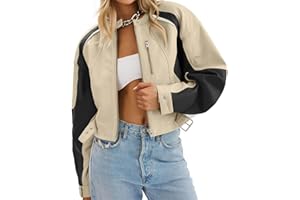 Tankaneo Womens Faux Leather Bomber Jackets Cropped Zip Up Color Block Fall Casual Moto Biker Coats