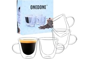 ONEDONE Small Espresso Cups Set of 4 - Double Walled Glass Shots Cup 2.8 OZ Thermo Insulated with Handle - Clear Demitasse Cu