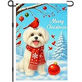 IVN Christmas Garden Flag 12x18 Inch Double Sided Bichon Frise Dog in Red Scarf with Merry Christmas Text and Red Bird Outdoor Yard Flag for Outside Home Front Door Lawn Porch Patio Welcome Decor