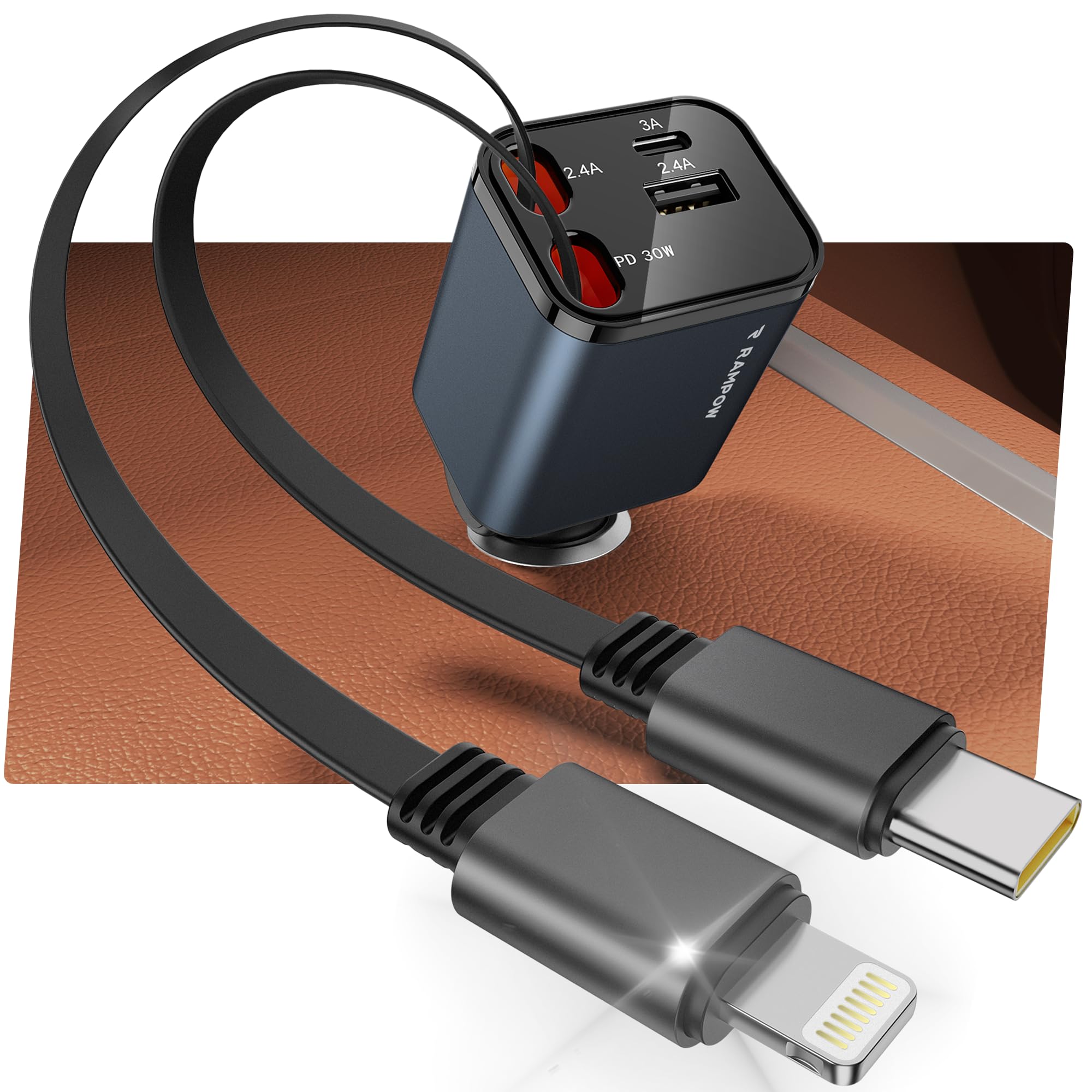 Photo 1 of RAMPOW 4-in-1 Retractable Car Charger 65W, USB C Car Accessories Adapter for iPhone 16 USB C Charger Fast Charging, Travel Essentials Gifts for Women Men, for iPhone 16/15/14/13/12, iPad, Samsung
