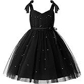 Uhnice Flower Girls Pearl Dress Toddler Tulle Dresses with Bow Shoulder Straps for Wedding Party