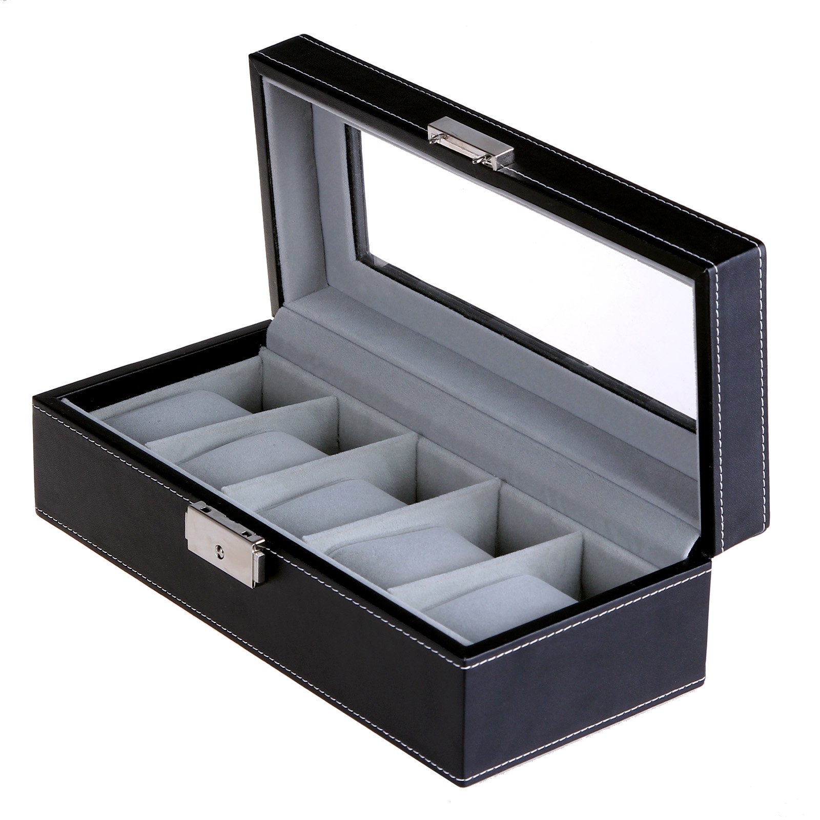SONGMICS Watch Box with 5 Compartments, Glass Lid, Watch Box with Soft