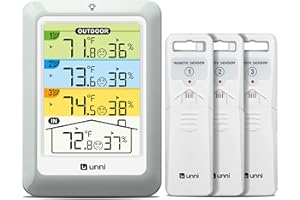 U UNNI Indoor Outdoor Thermometer Wireless with 3 Sensors, 4.5 Inch Display with 330ft Range and Adjustable Backlight (Colorful)
