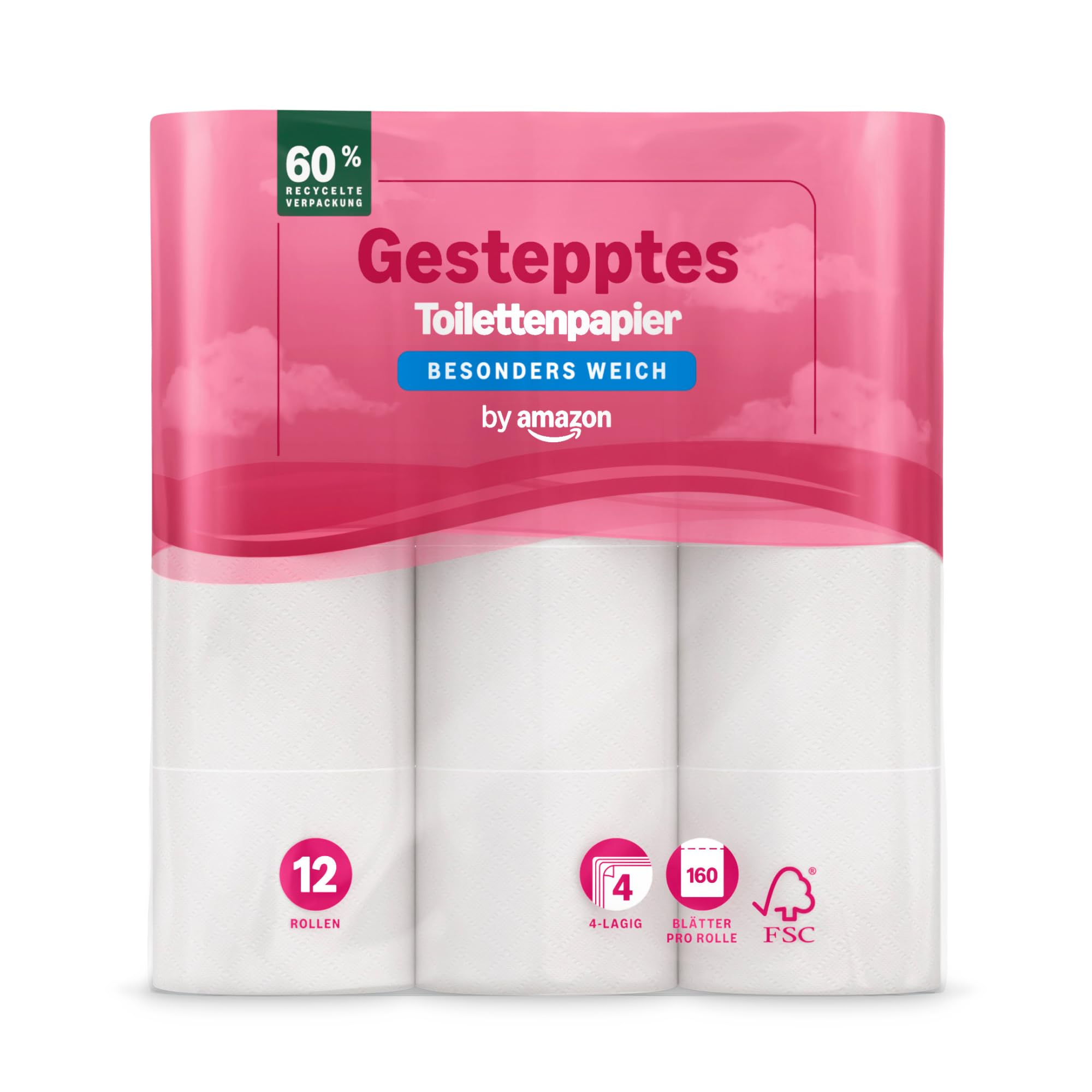 by Amazon Toilettenpapier, 4-lagig Gestepptes, Besonders Weich, 48 Rollen (12 Rollen, 4-er Pack), 160 Blätter pro Rolle, FSC-Zertifiziert 3