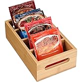 BSTKEY Seasoning Packet Organizer, Food Storage Organizer with 4 Removable Dividers, Bamboo Storage Caddy for Pantry Kitchen Cabinet, Kitchen Organization Bin with Handle for Snacks Spice Packets