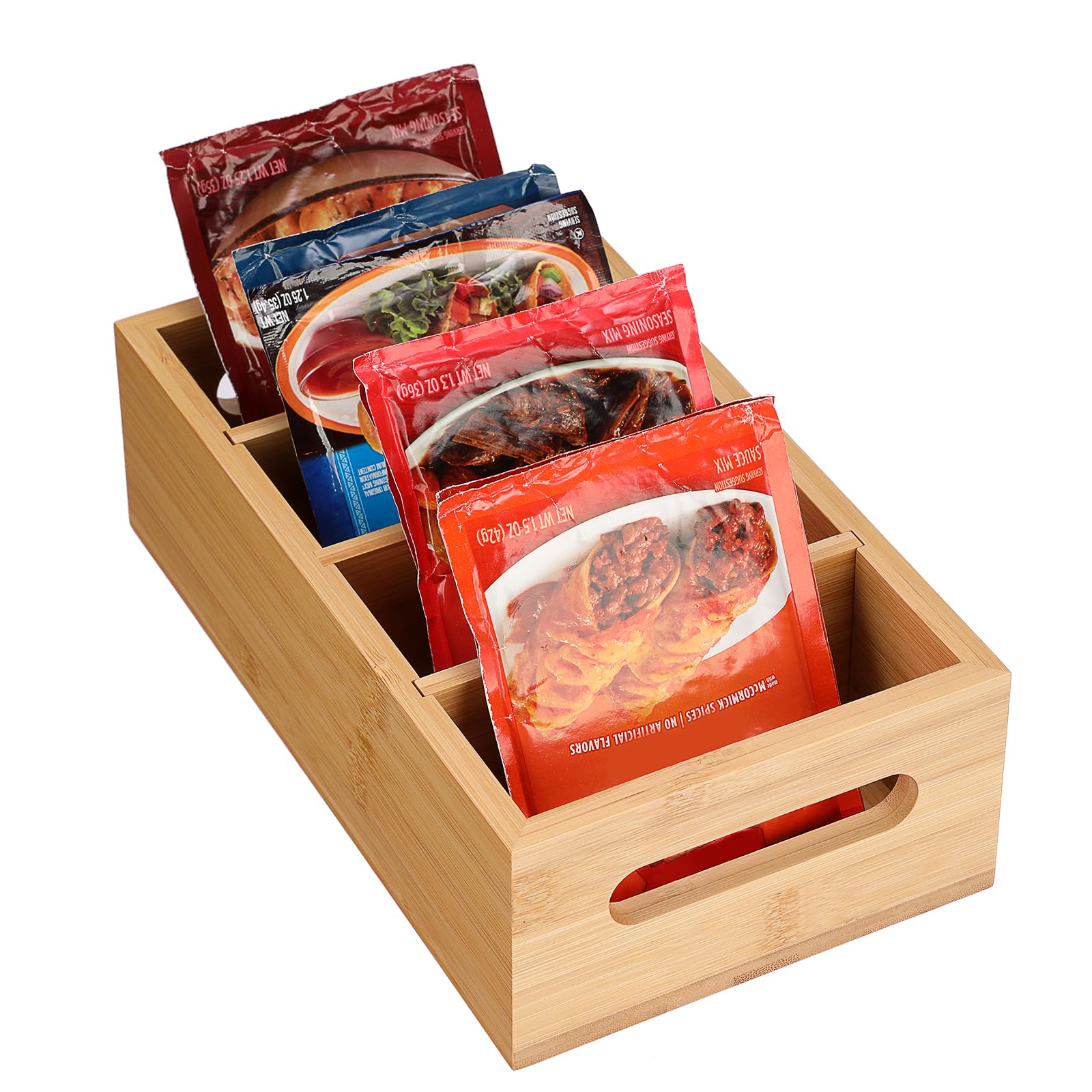 Photo 1 of ***MISSING PARTS***
BSTKEY Seasoning Packet Organizer, Food Storage Organizer with 4 Removable Dividers, Bamboo Storage Caddy for Pantry Kitchen Cabinet, Kitchen Organization Bin with Handle for Snacks Spice Packets