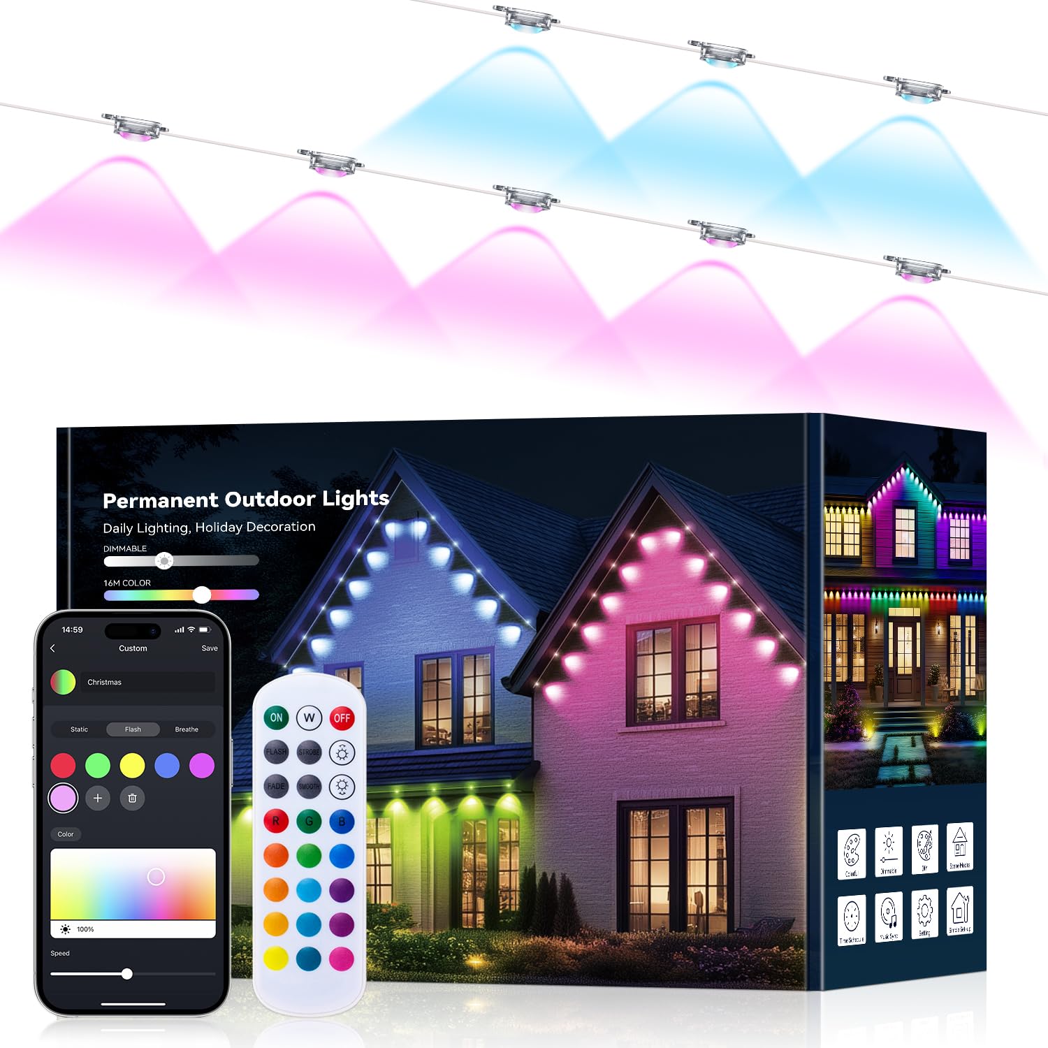 Photo 1 of ***RECOMENDED FOR PARTS/ MISSING PIECES*** lemonlovely Permanent Outdoor Lights -RGB Eaves Lights 200FT with 100 LED IP67 Waterproof, Smart Outside LED Christmas Lighting for House, Eternity Light for Holiday, Daily Lighting