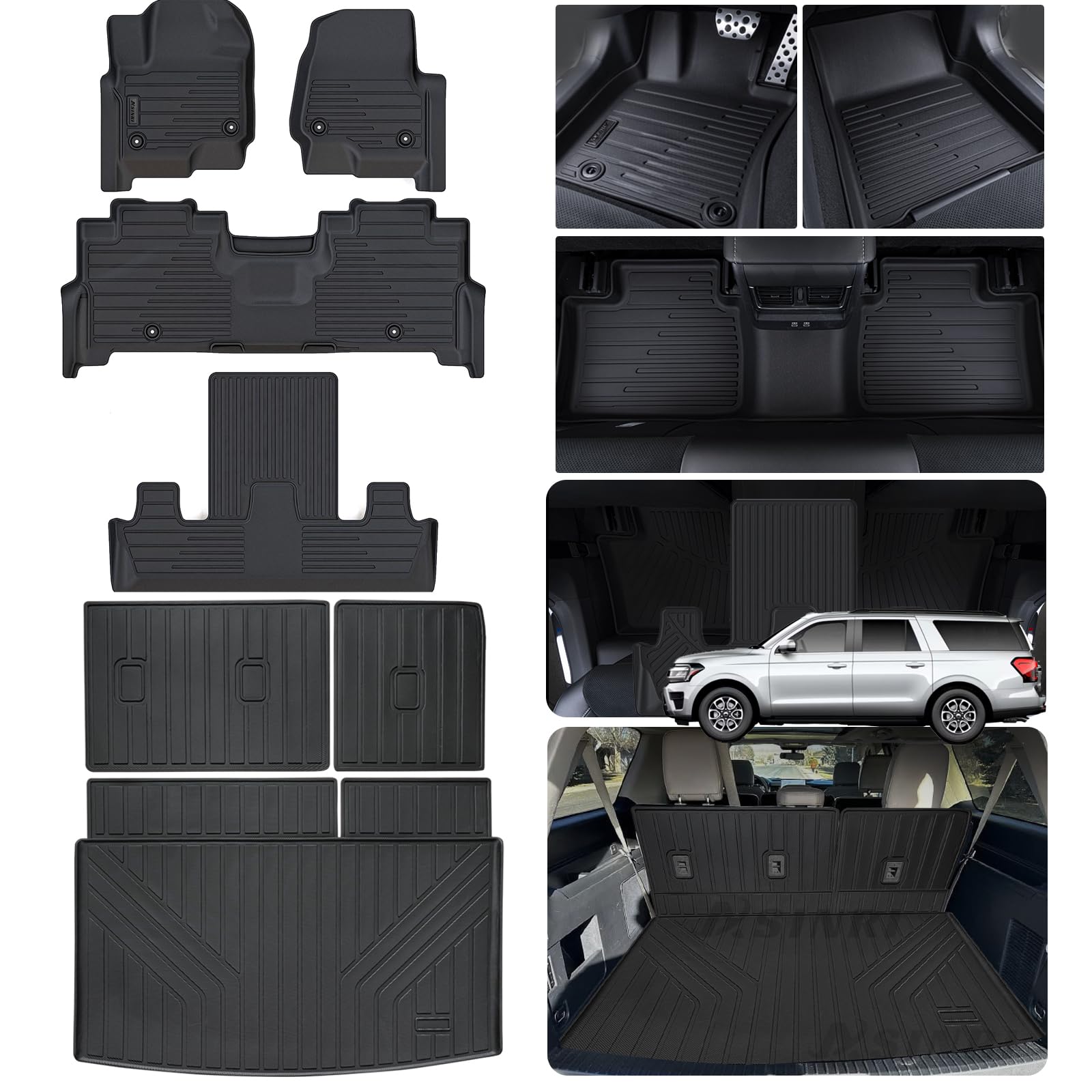 Photo 1 of ASINRI Floor Mats for 2018-2023 2024 Ford Expedition MAX 7 Seats-2 Row Bucket Seat, TPE All Weather Protection 3 Rows Car Floor Liners with Trunk Mat Covering The Backrest