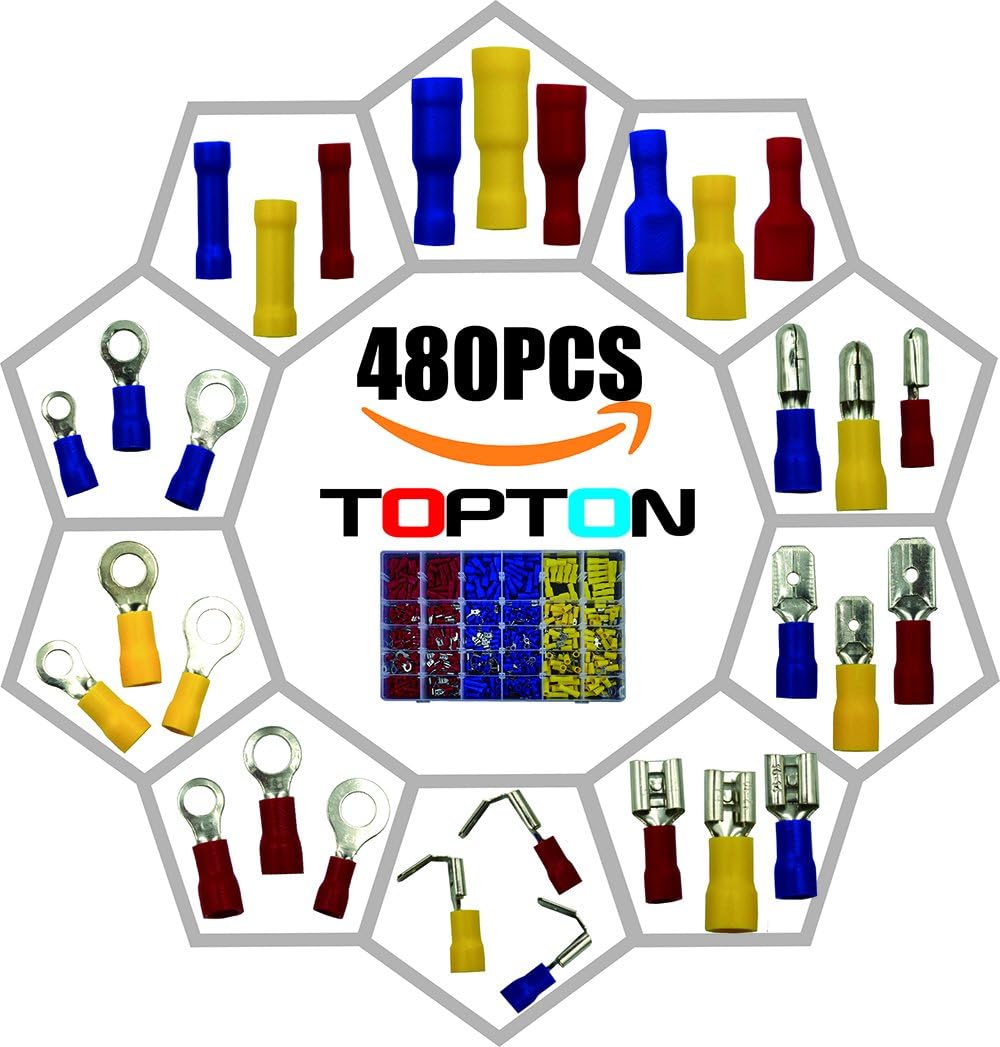 TOPTON 480Pcs 12 Sizes Assorted Insulated Electrical Wiring Wire Terminal Crimp Connector Kit Butt Spade Set