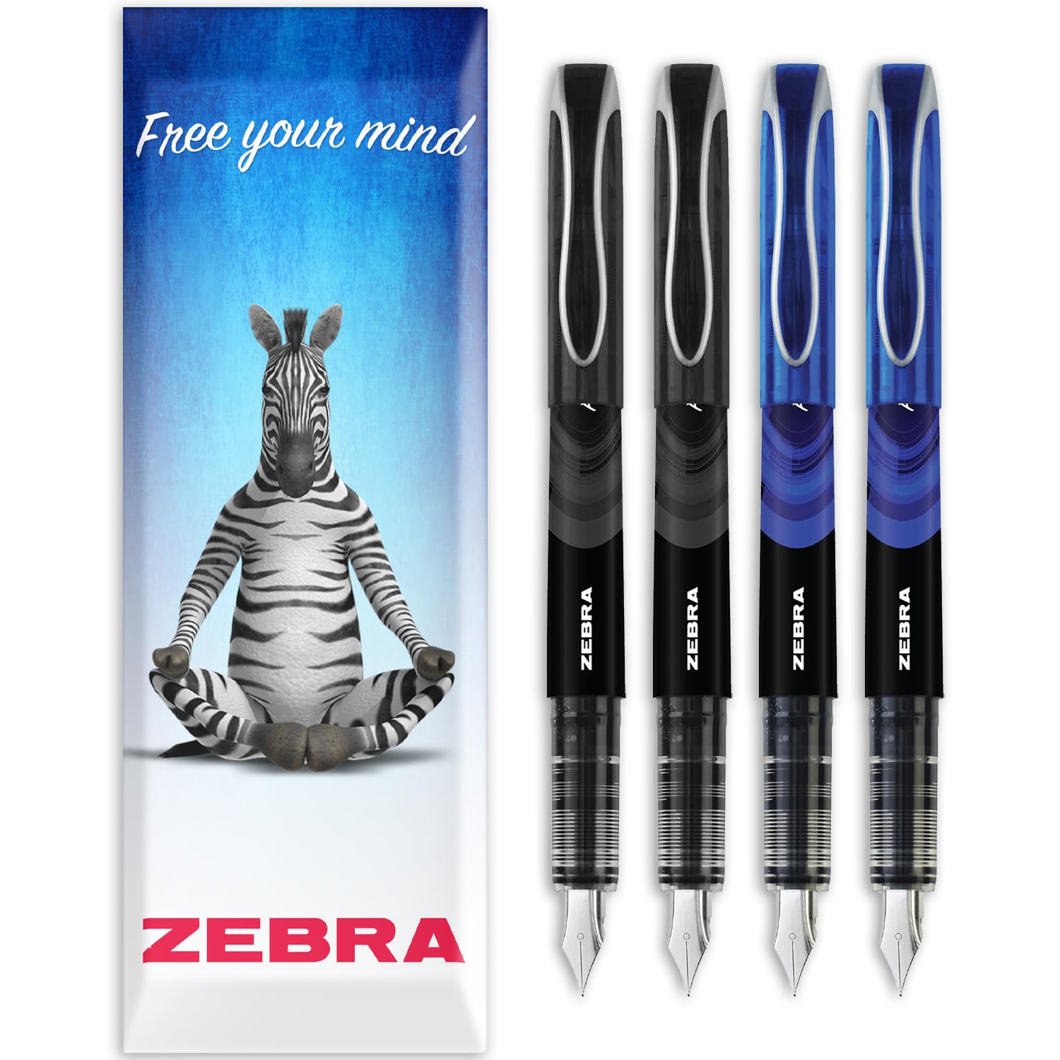 Zebra Fuente - Disposable Fountain Pen - 1.0mm Fine Nib 0.6mm Line Width - In Envelope Gift Packaging - Pack of 4 - Black and Blue Ink