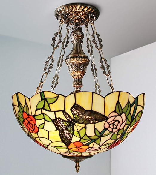 Lámpara colgante de estilo Tiffany con pantalla de vidrieras, lámpara