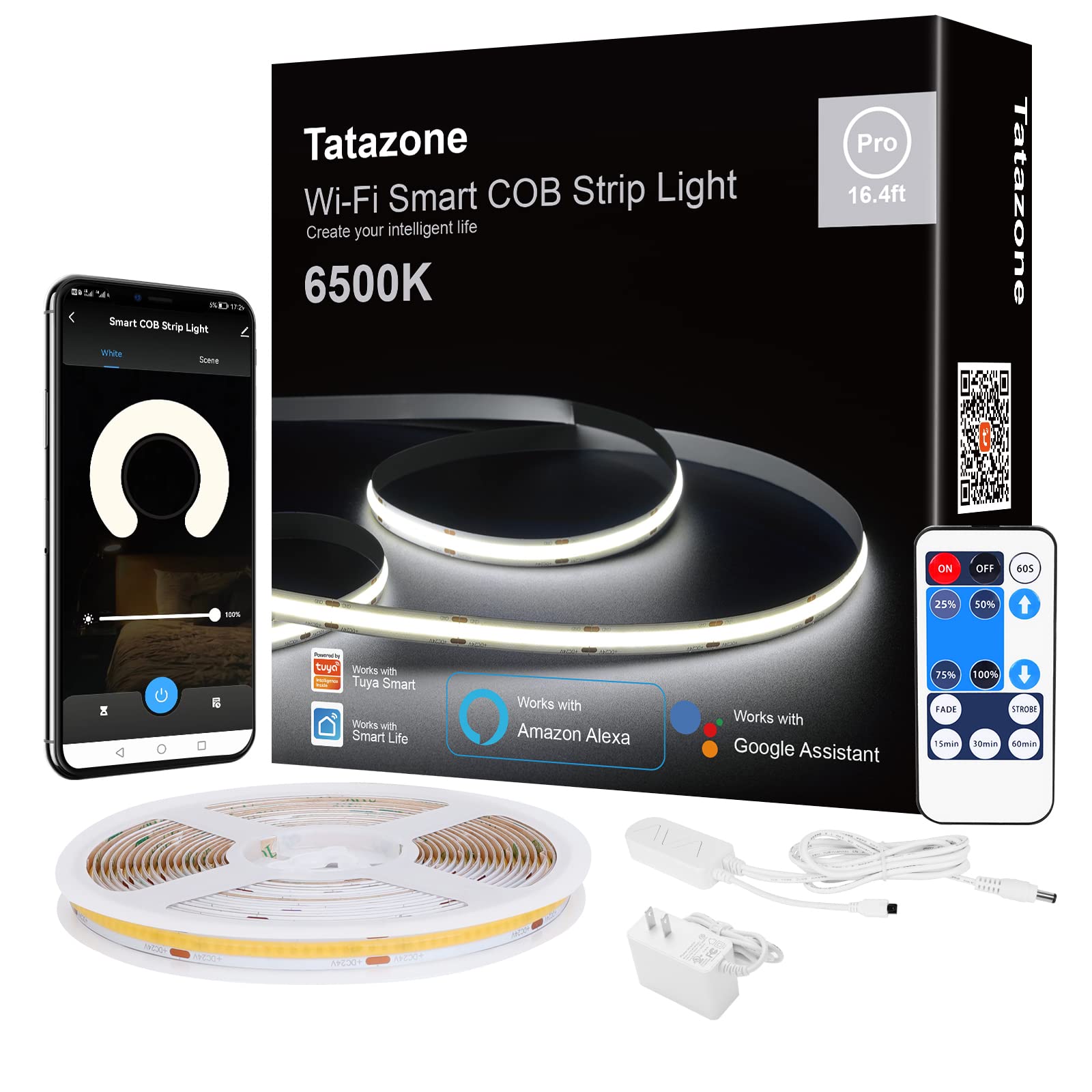 16.4ft 6500K WiFi COB Led Strip Light with App and Remote, Compatible with Alexa and Google, Dimmable Cool White Indoor COB Led Lights for Stair, Kitchen, Cabinet