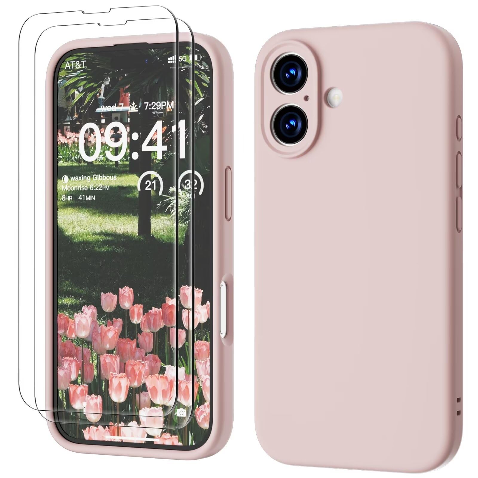 GOODVISH 3 IN 1 for iPhone 16 Case 6.1 inch, Upgraded Camera Protection, 2X HD Screen Protector, Liquid Silicone Anti-Scratch Shockproof Gel Rubber Anti-Fingerprint Phone Case Cover, Sand Pink