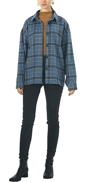 CHOUYATOU WOMEN’S WESTERN STYLISH LONG SLEEVE BUTTON DOWN OVERSIZE PLAID FLANNEL SHACKET SHIRT JACKET (BLUE, XX-LARGE)