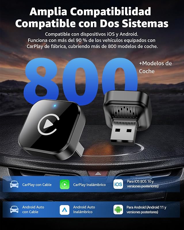Adaptador CarPlay Inalámbrico y Android Auto, Mini Convertidor USB-A/USB-C Plug & Play, de Cable a Inalámbrico, WiFi 2.4GHz/5GHz, Conexión Automática, para Coches con CarPlay, Negro