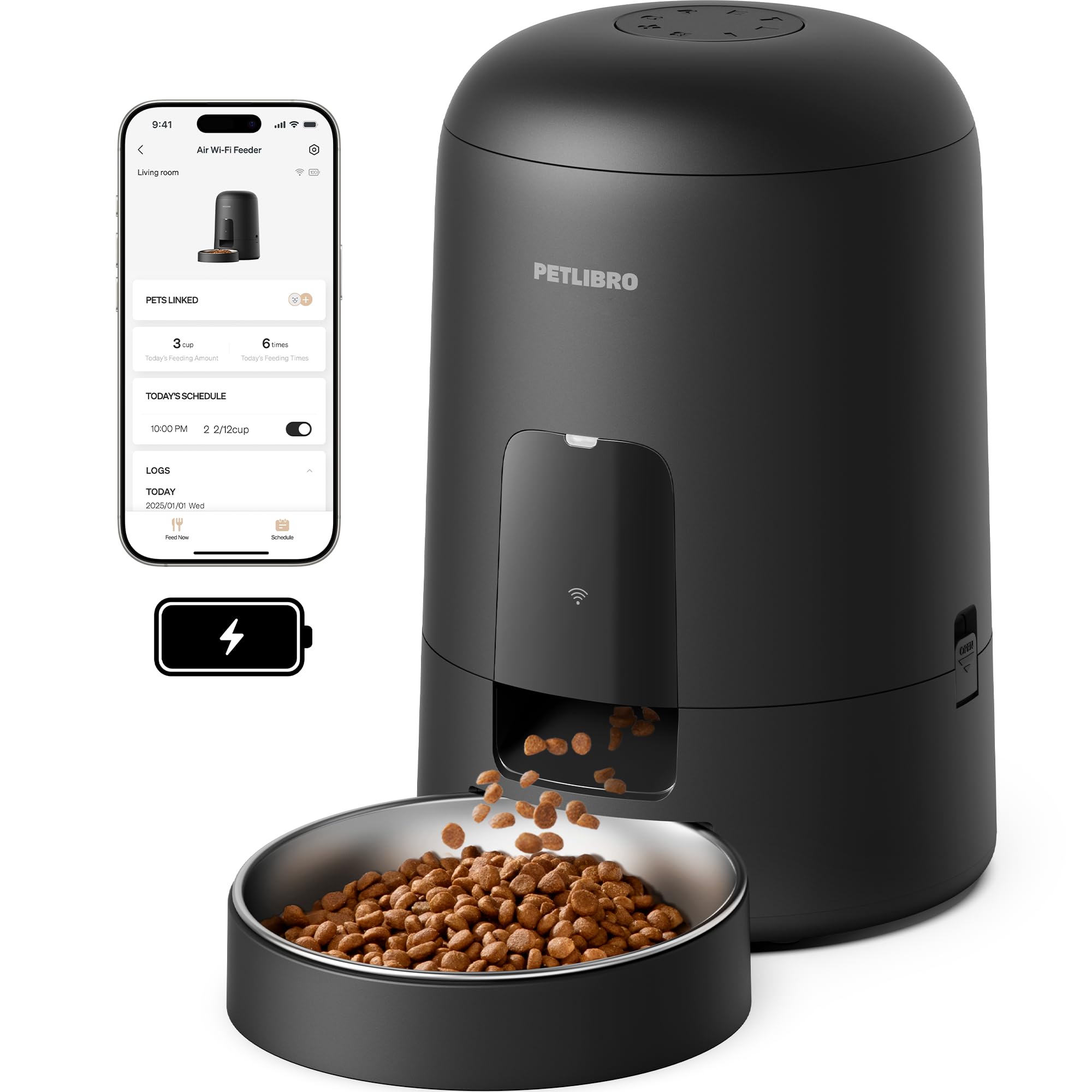 Photo 1 of PETLIBRO Automatic Cat Feeder, Wi-Fi Rechargeable Cats Food Dispenser Battery-Operated with 30-Day Life, AIR 2.4G Wi-Fi Timed Pet Feeder for Cats & Dogs, 2L Auto Cat Feeder, Black