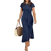 ANRABESS Womens Summer Maxi Dress Casual Crew Neck Tie Waist Split Wrinkle-Free Fit Long Fashion Vacation Dresses 2026 Spring