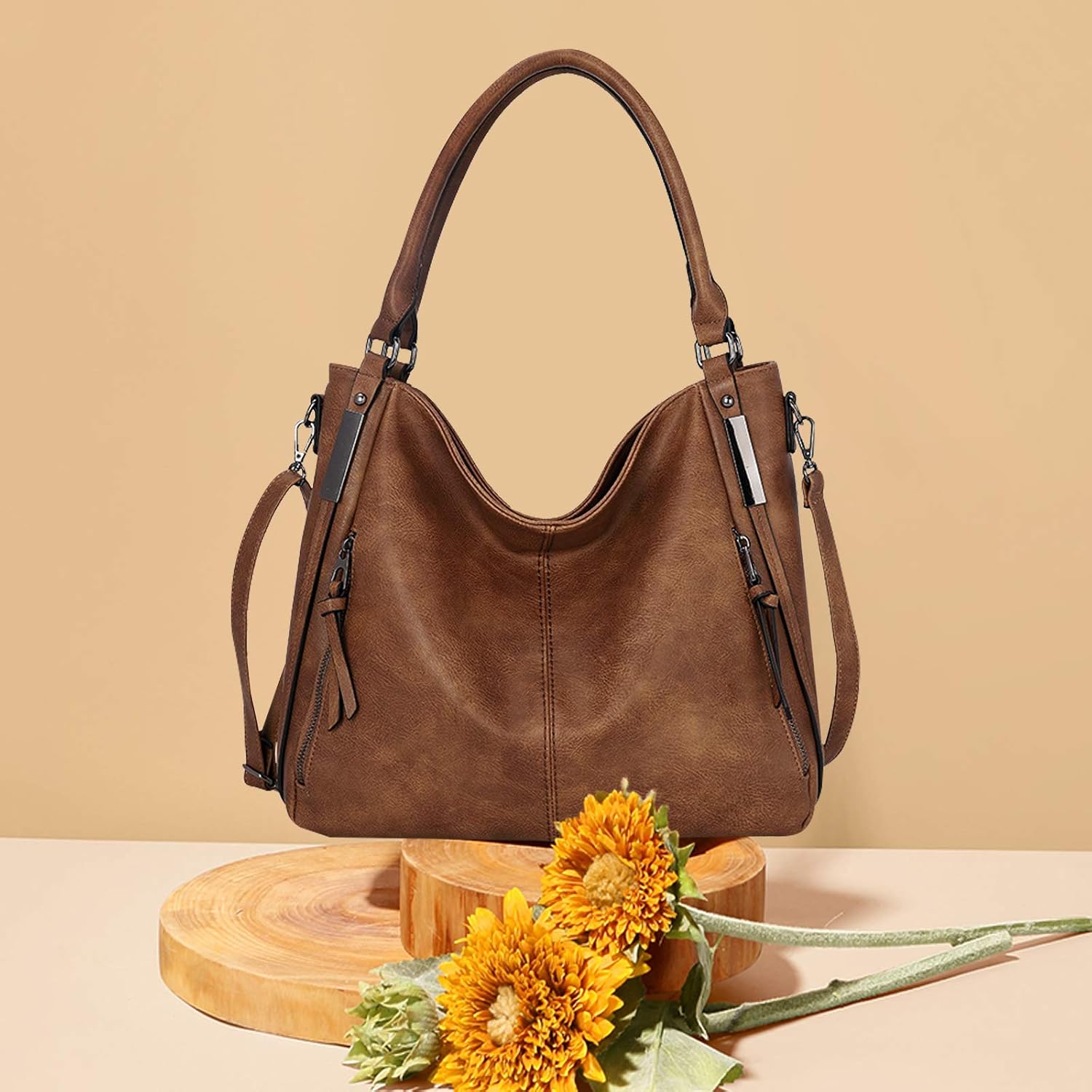 NICOLE & DORIS Fashion Hobo Bag Soft Leather Handbags for Women Shoulder Bag Multiple Pocket Tote Bag Large Crossbody Bags for Work School Travel Brown - Image 4