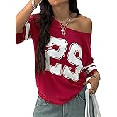 SHENHE Women's Off The Shoulder Top Short Sleeve Y2k Jersey Number Graphic Loose Tee Shirt