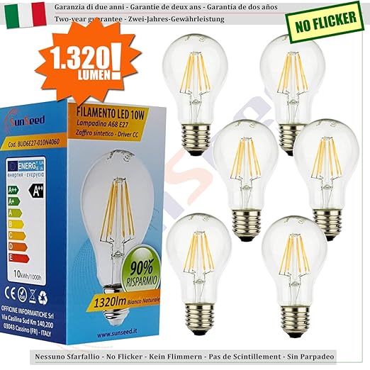 title=SunSeed, Garanzia Italiana 24 mesi, 6 X LAMPADINA LED E27 A FILAMENTO LED 10W IN
