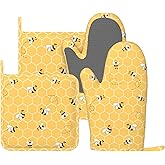 Yellow Honey Honeycomb Cute Bee Oven Mitts And Pot Holders Set Of 4 Silicone Heat Resistant Oven Mitten Potholders Non Slip Gloves Kitchen Decor For Bbq Cooking Grilling Baking