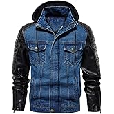INVACHI Men's Denim Jacket Vintage Jean Trucker Jacket with Leather Patchwork Multiple Pockets